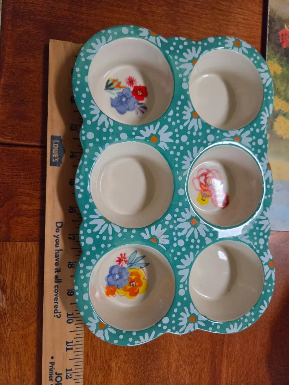 PIONEER WOMAN FLEA MARKET 6 CUP STONEWARE MUFFIN PAN IN TEAL WITH FLORAL